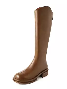 2024 Cow Leather Round Toe Med Heels Winter Keep Warm Riding Boots