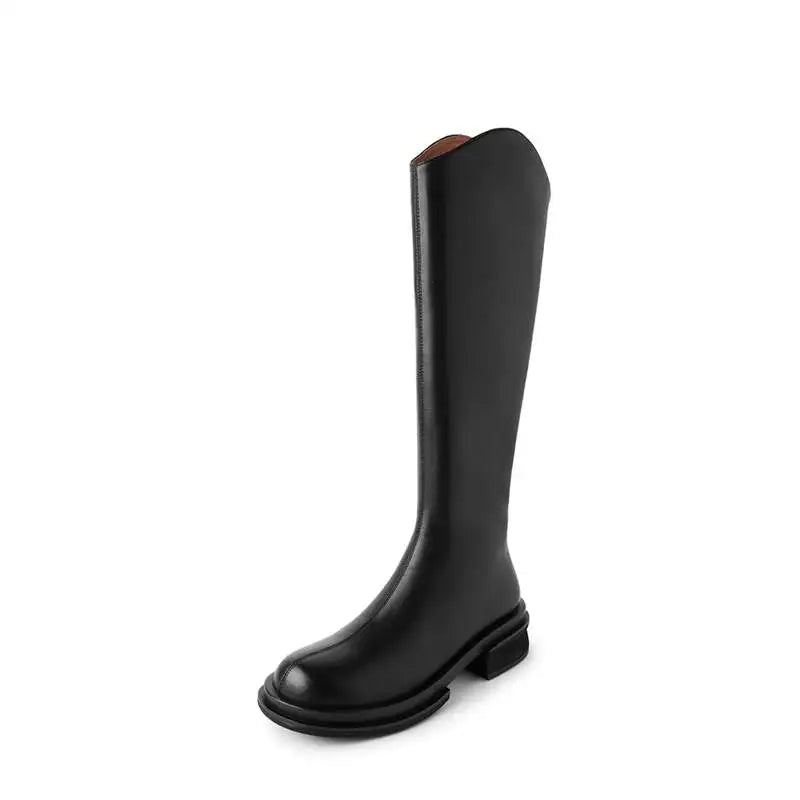 2024 Cow Leather Round Toe Med Heels Winter Keep Warm Riding Boots