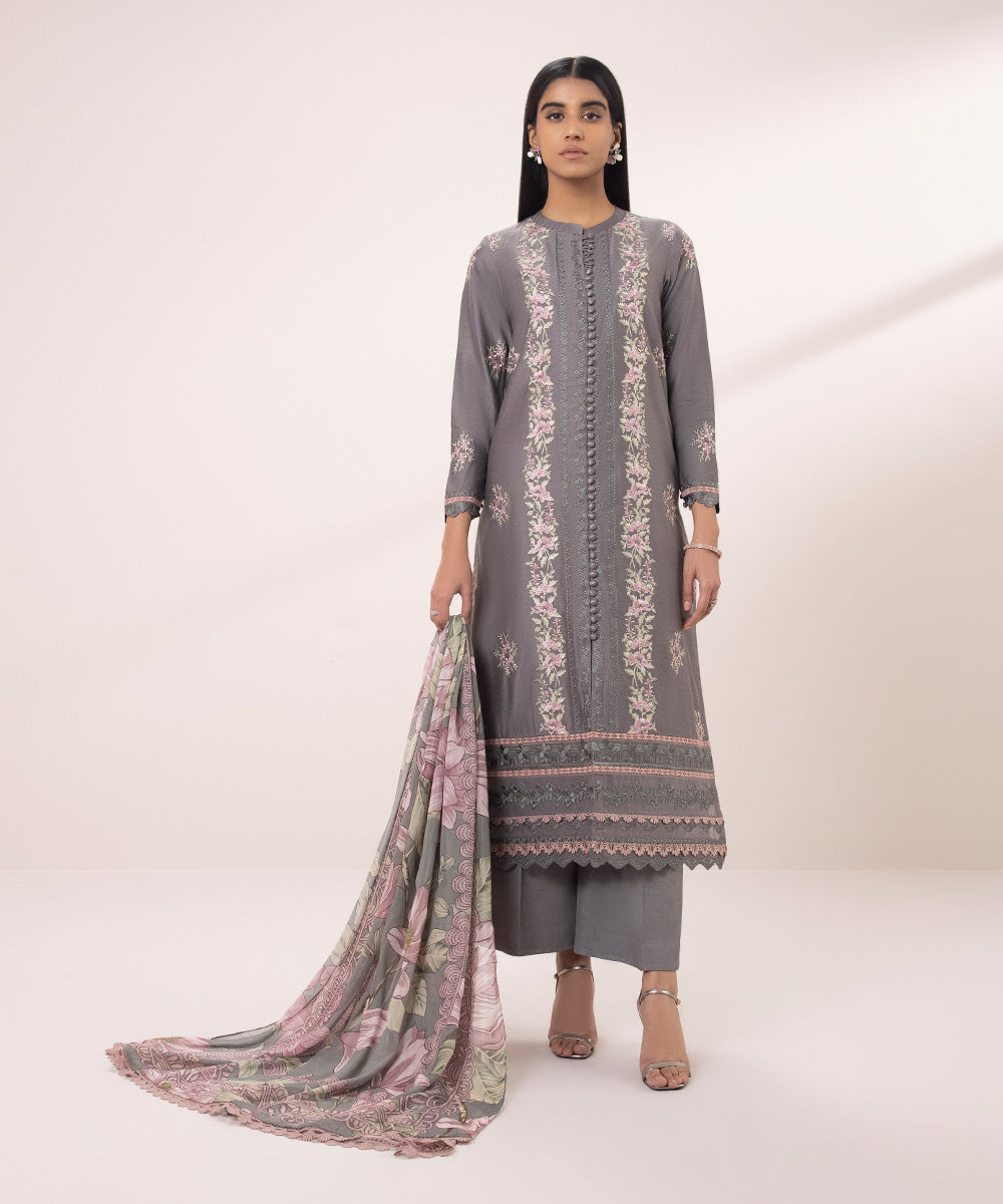 3 Piece - Embroidered Cotton Net Suit