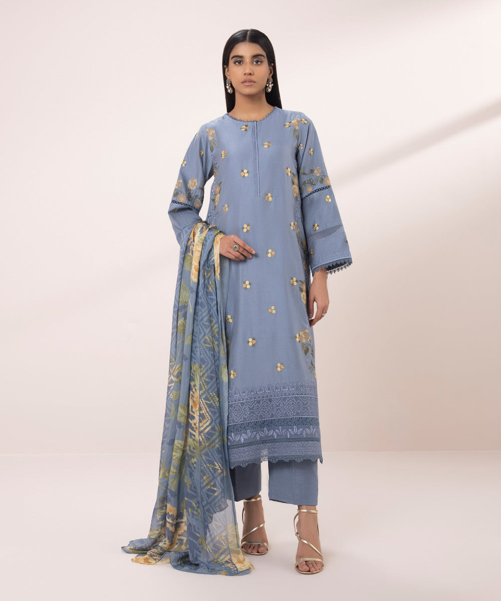 3 Piece - Embroidered Cotton Net Suit