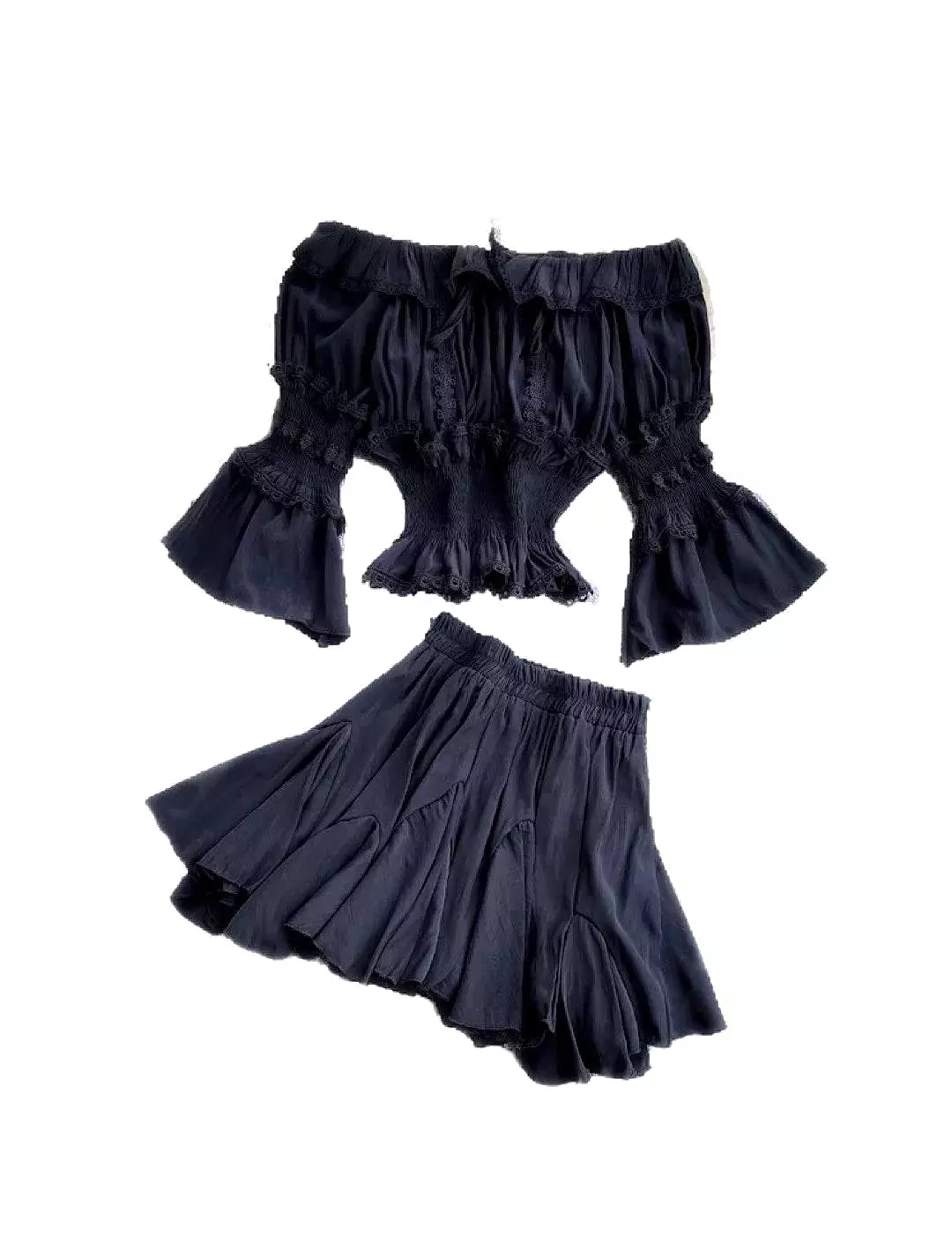 Black Two Piece Frill Top and Shorts Set