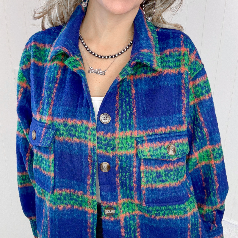 Blue Plaid Brushed Flannel Long Jacket