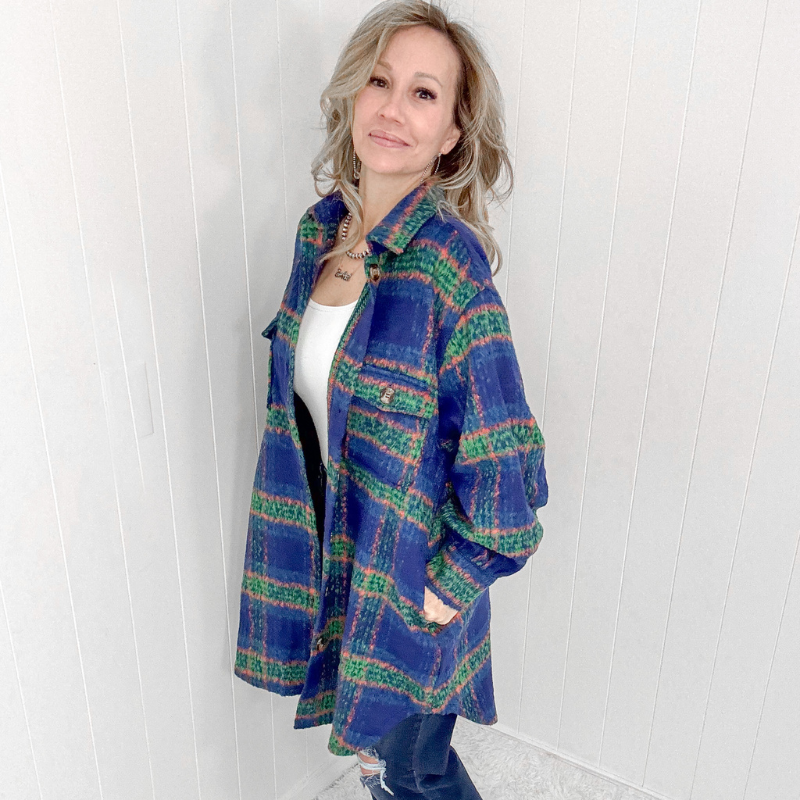 Blue Plaid Brushed Flannel Long Jacket