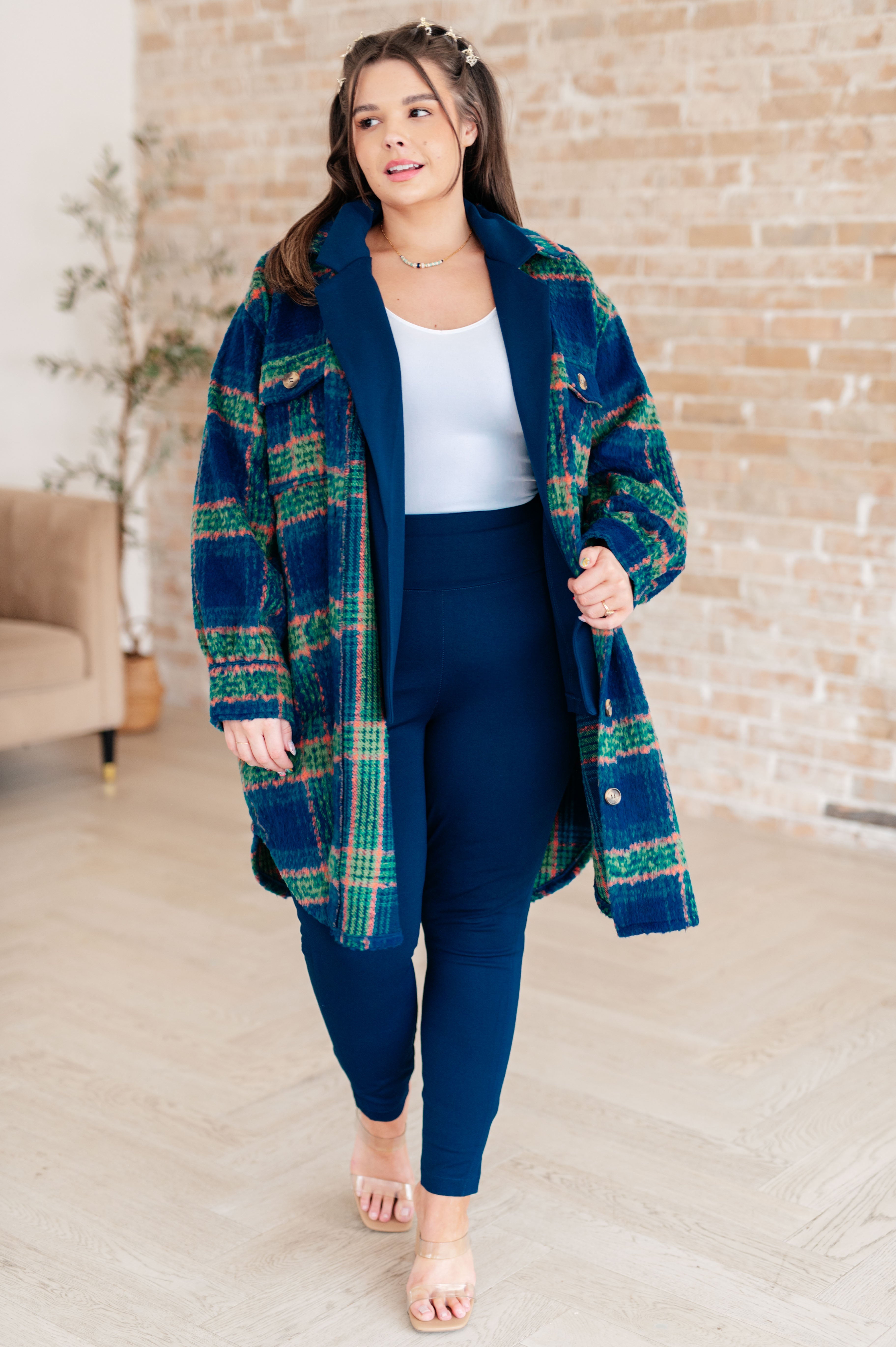 Blue Plaid Brushed Flannel Long Jacket