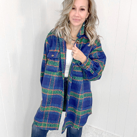 Blue Plaid Brushed Flannel Long Jacket