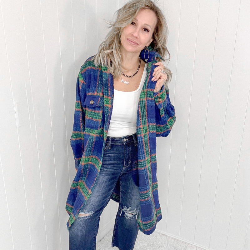 Blue Plaid Brushed Flannel Long Jacket