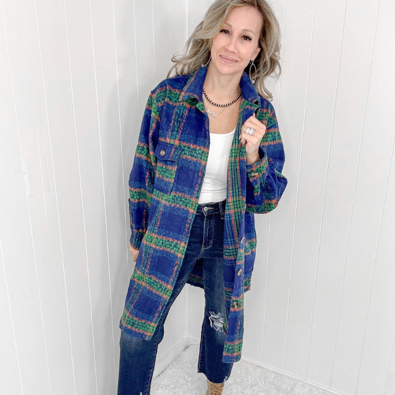 Blue Plaid Brushed Flannel Long Jacket