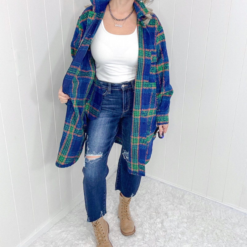 Blue Plaid Brushed Flannel Long Jacket