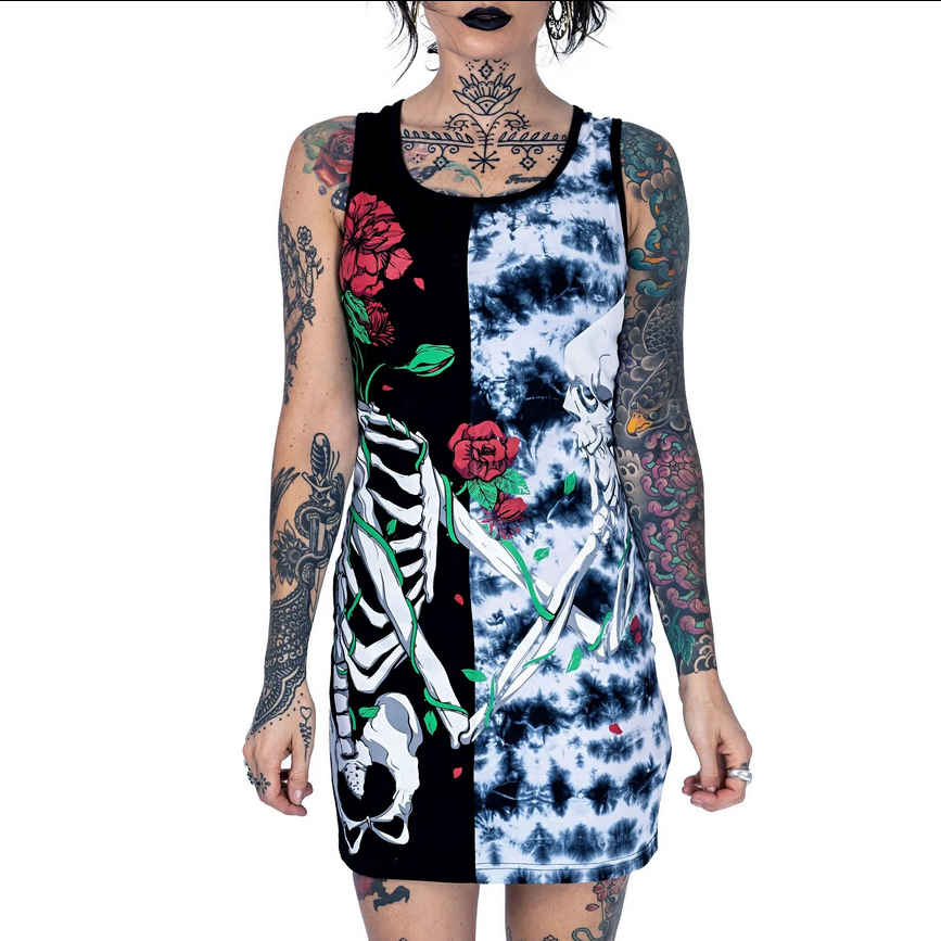 GARDEN SKULL DRESS - BLACK/GREY TIE DYE