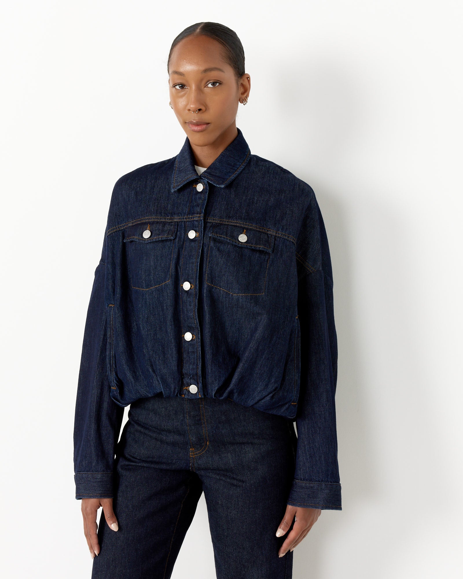 Gathered Denim Jacket in Indigo