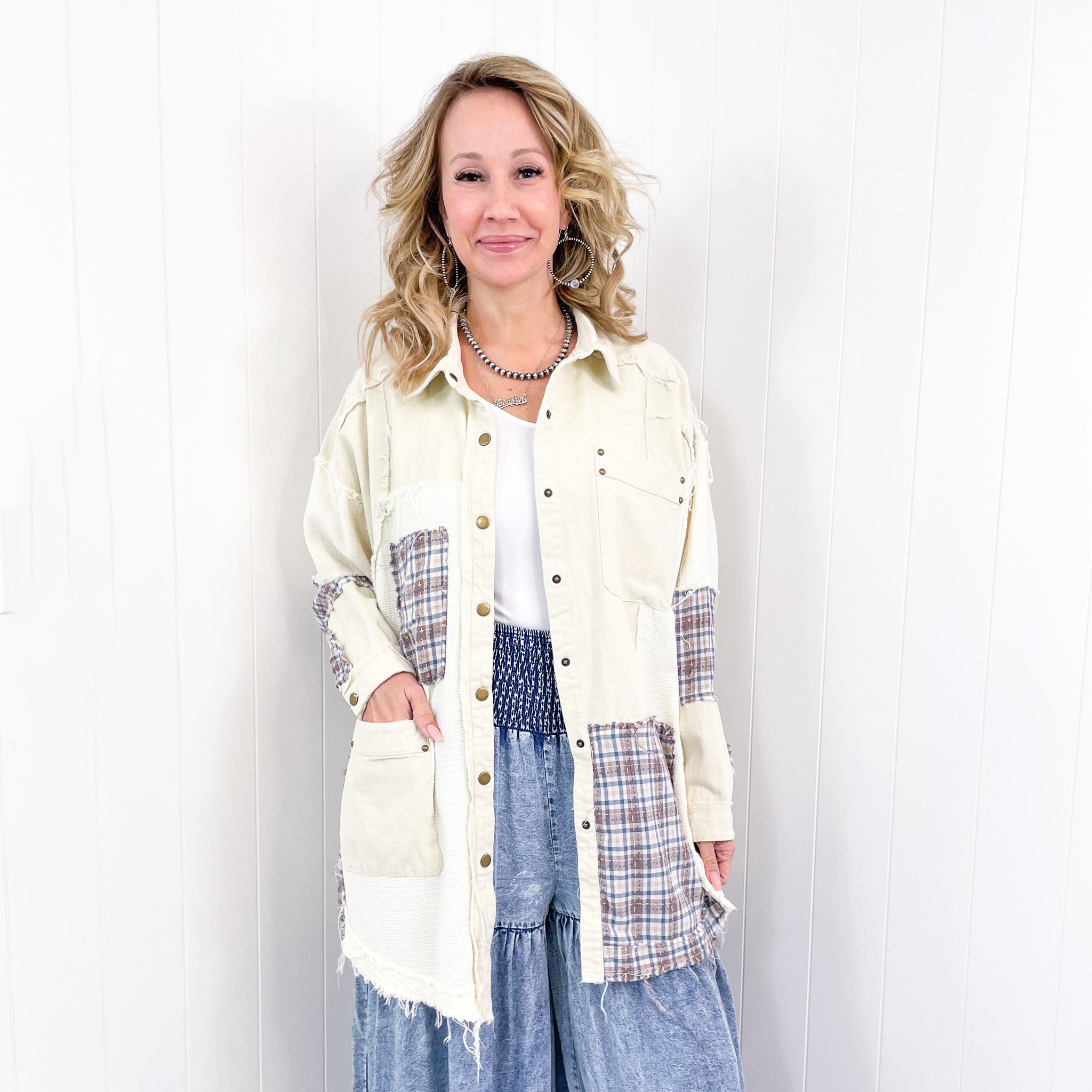 Hiding in Dallas Blue Plaid and Cream Snap Button Longline Top