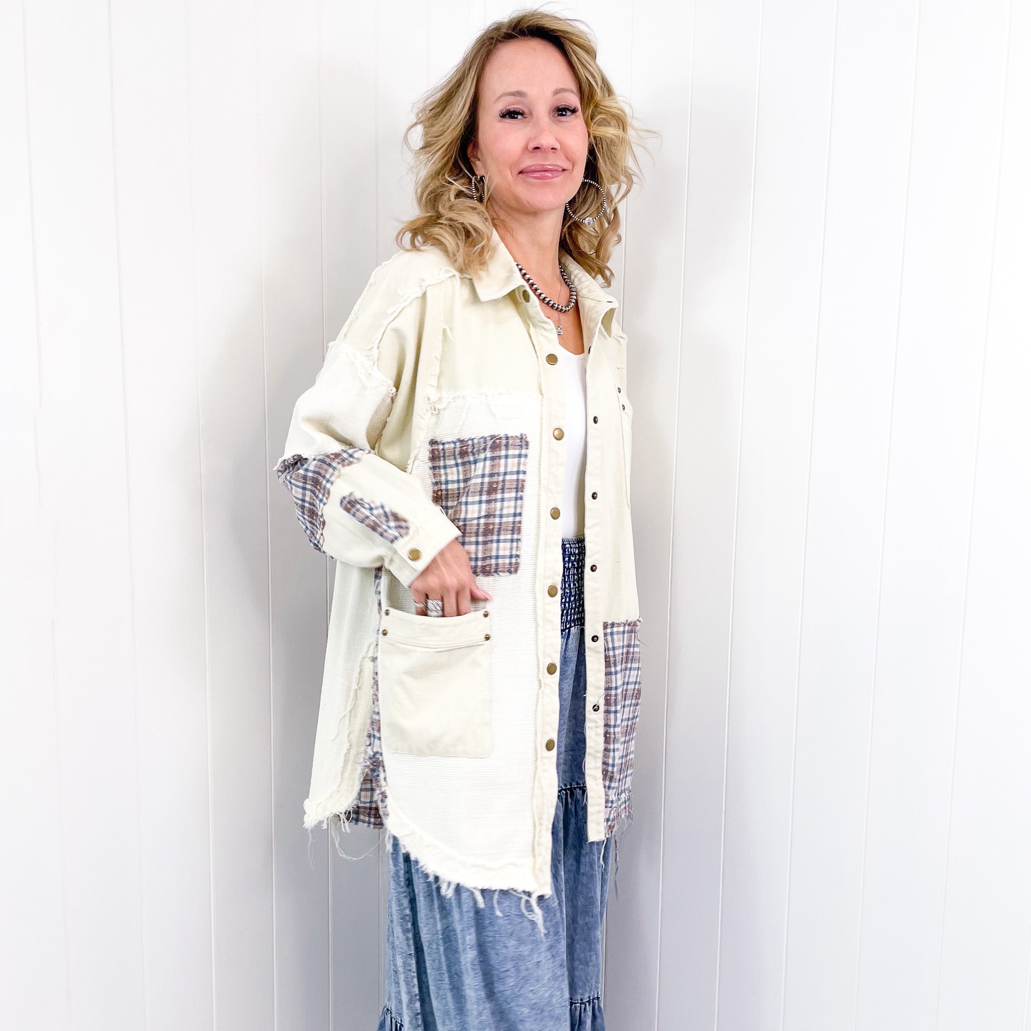 Hiding in Dallas Blue Plaid and Cream Snap Button Longline Top