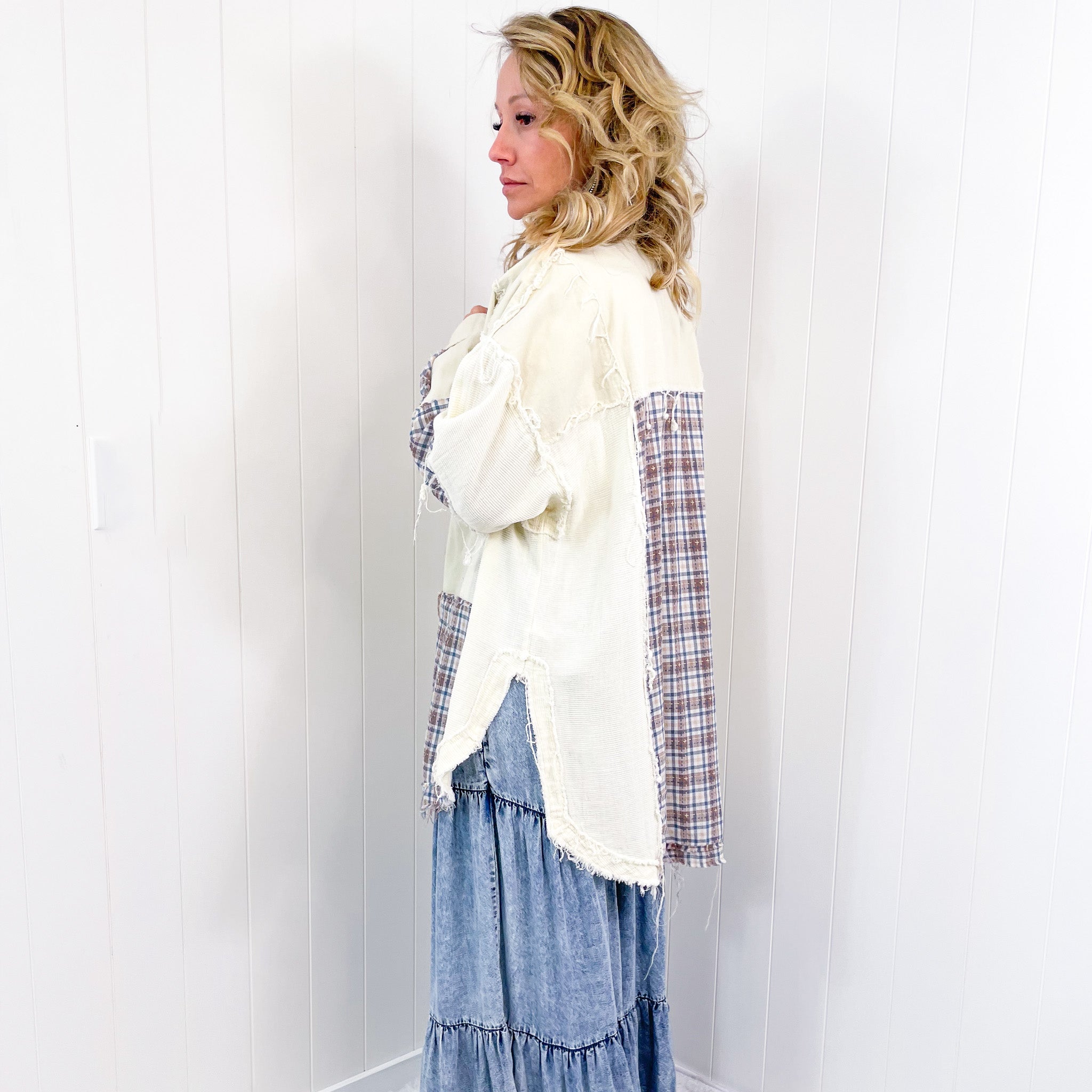 Hiding in Dallas Blue Plaid and Cream Snap Button Longline Top