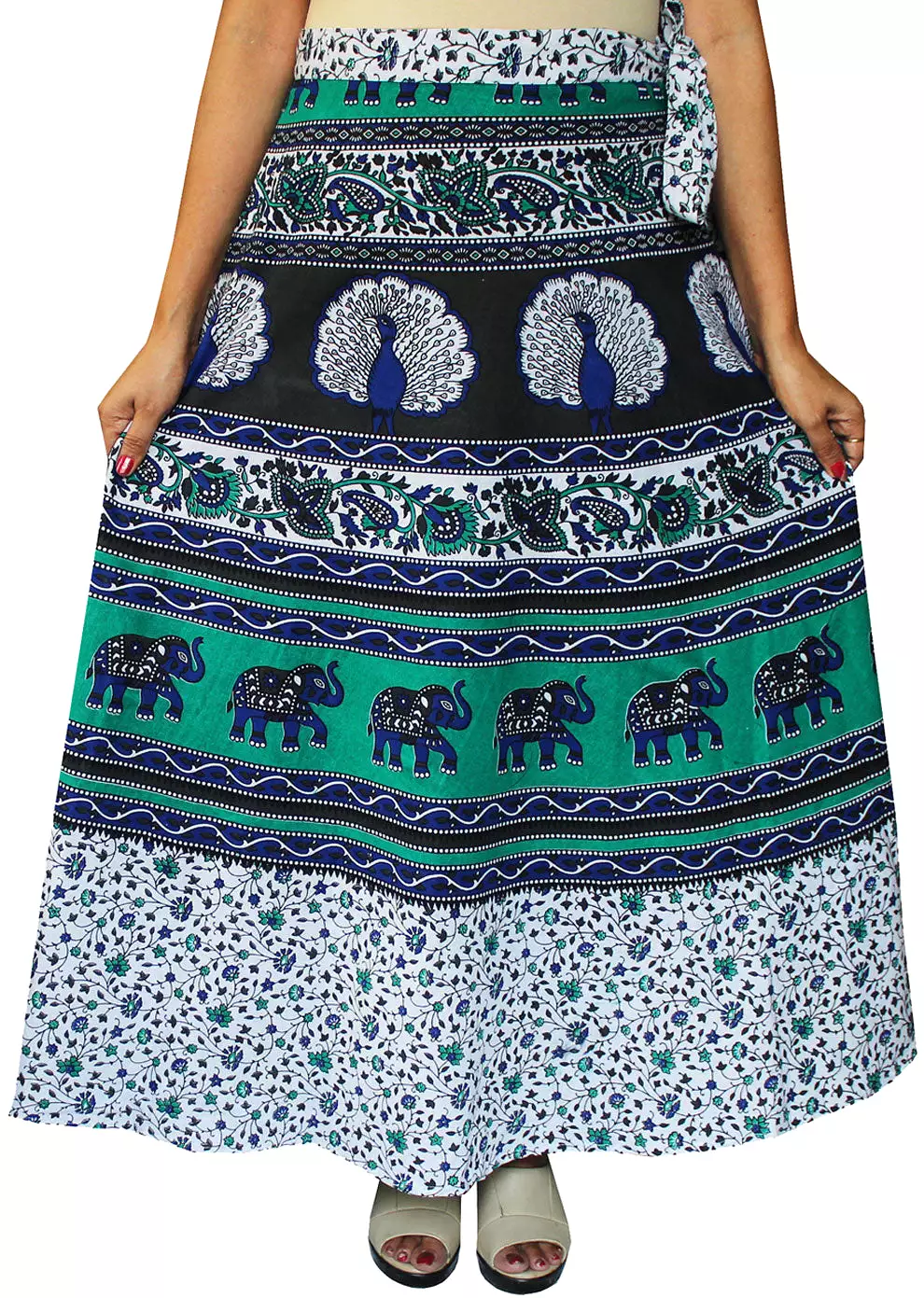 Indian Skirt Women's Cotton Printed Long Wrap Around Skirt (Green, One Size)