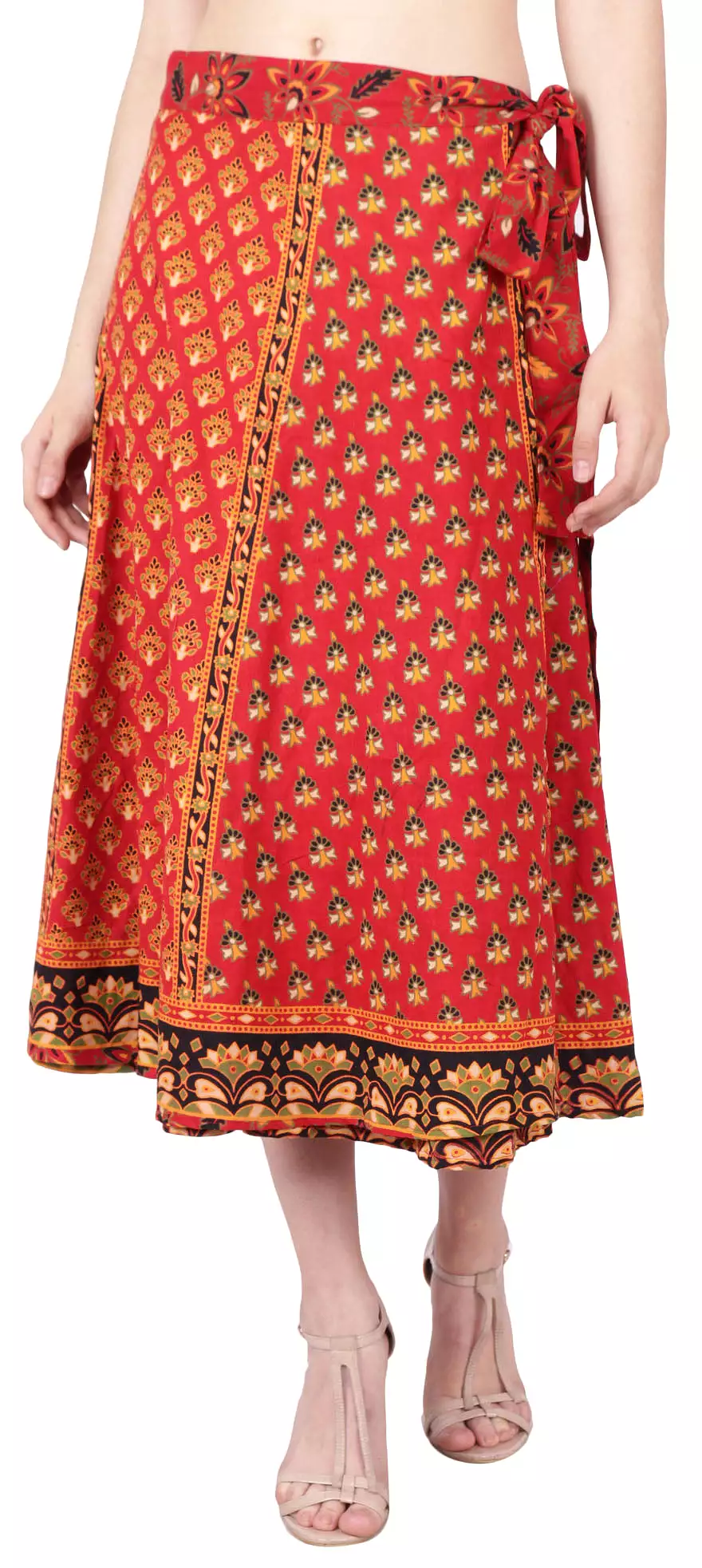 Long Printed Wrap Around Cotton Women's Indian Skirt (Red, One Size)