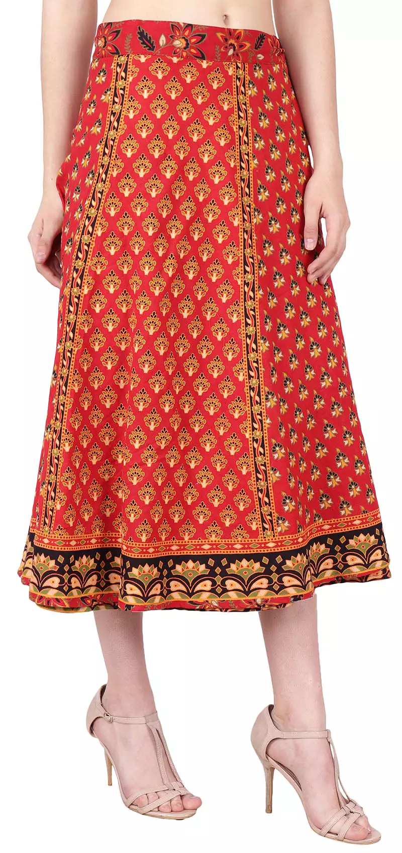 Long Printed Wrap Around Cotton Women's Indian Skirt (Red, One Size)