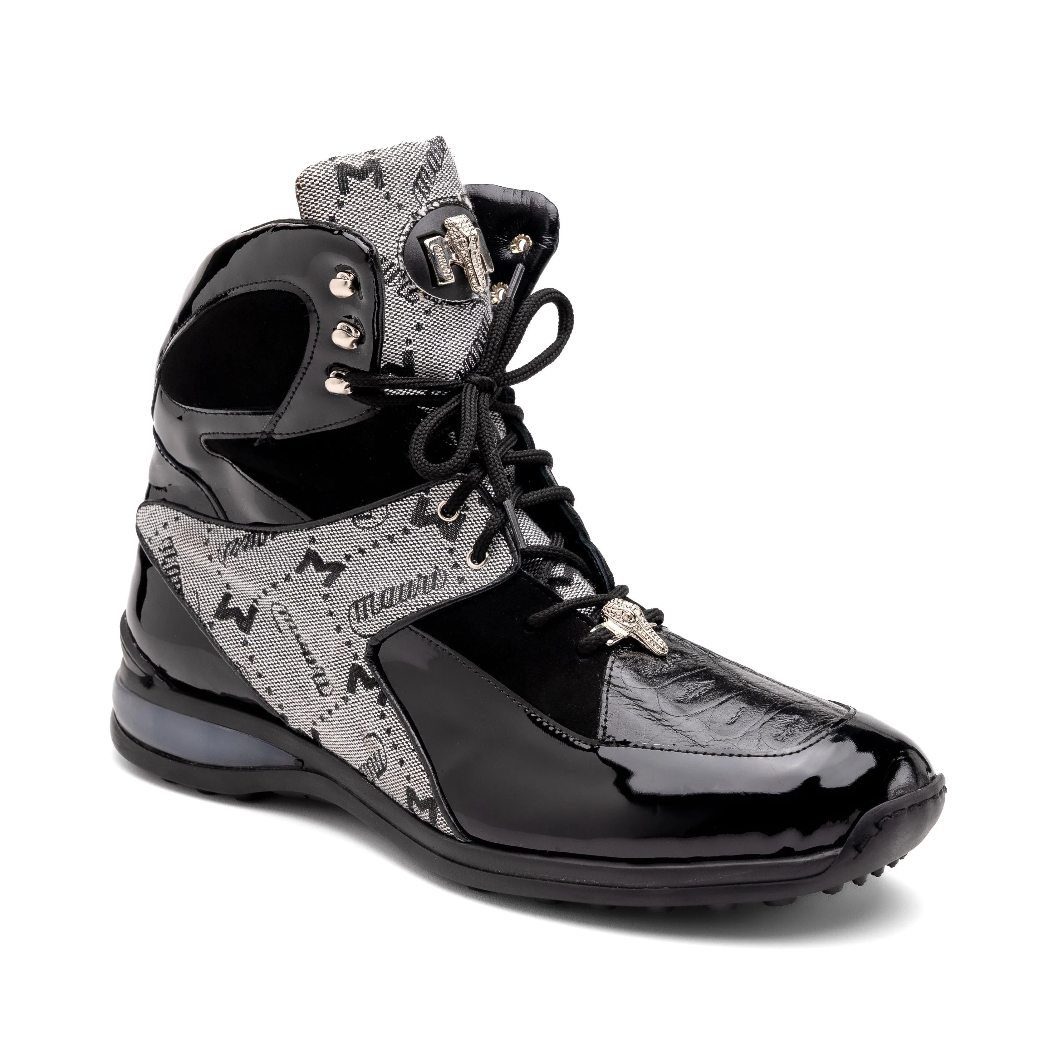 Mauri Diamond 8402 Men's Shoes Black & Gray Exotic Crocodile / Fabric / Patent Leather High-Top Sneakers (MA5553)