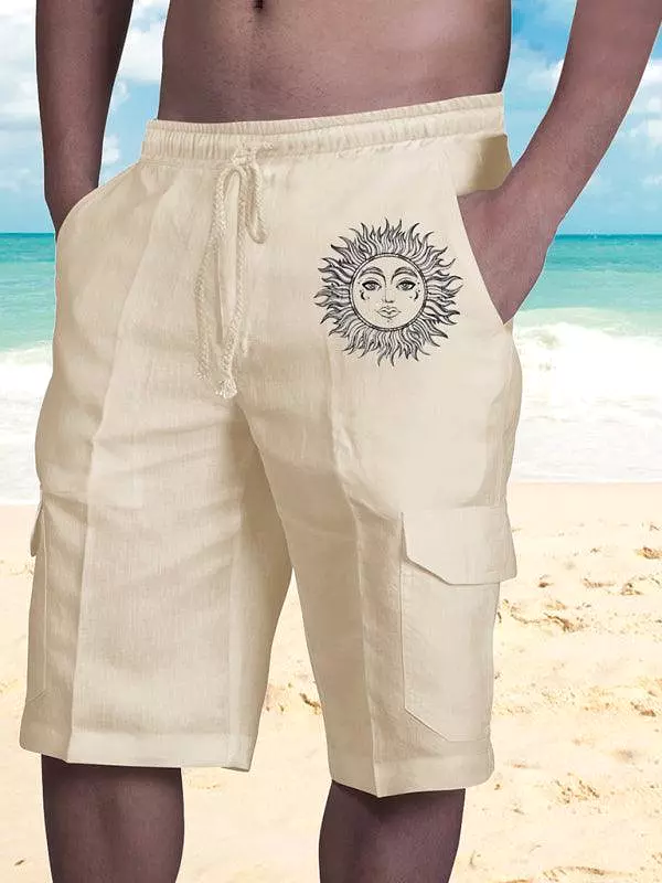 Men Linen Cargo Shorts Sunny Face