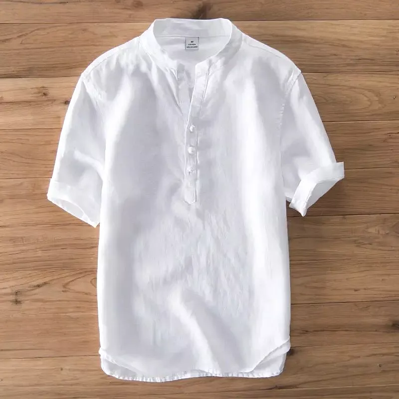 New Pure linen brand shirt men summer white shirts for men short sleeve stand collar shirt mens casual fashion shirts male tops 