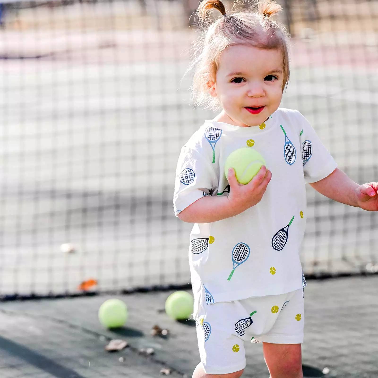 oh baby! Raw Edge Tee and Shorts Set - Tennis Print - Oyster