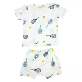 oh baby! Raw Edge Tee and Shorts Set - Tennis Print - Oyster