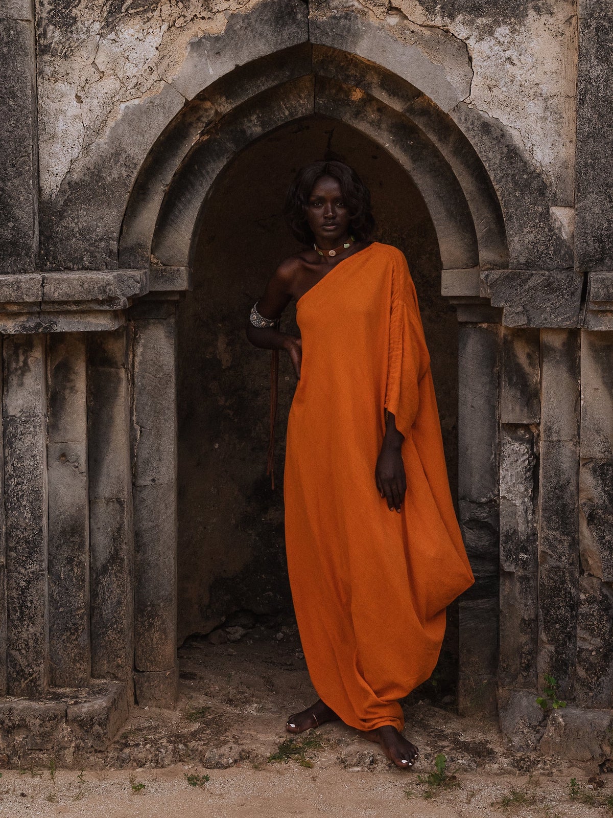 Orange Sari One-Shoulder Dress