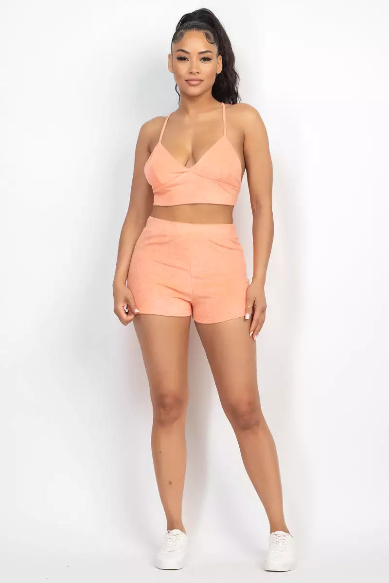 Orange Terry Towel Bralette Top & Mini Shorts Set