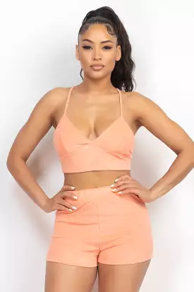 Orange Terry Towel Bralette Top & Mini Shorts Set