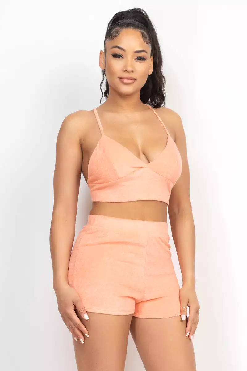 Orange Terry Towel Bralette Top & Mini Shorts Set