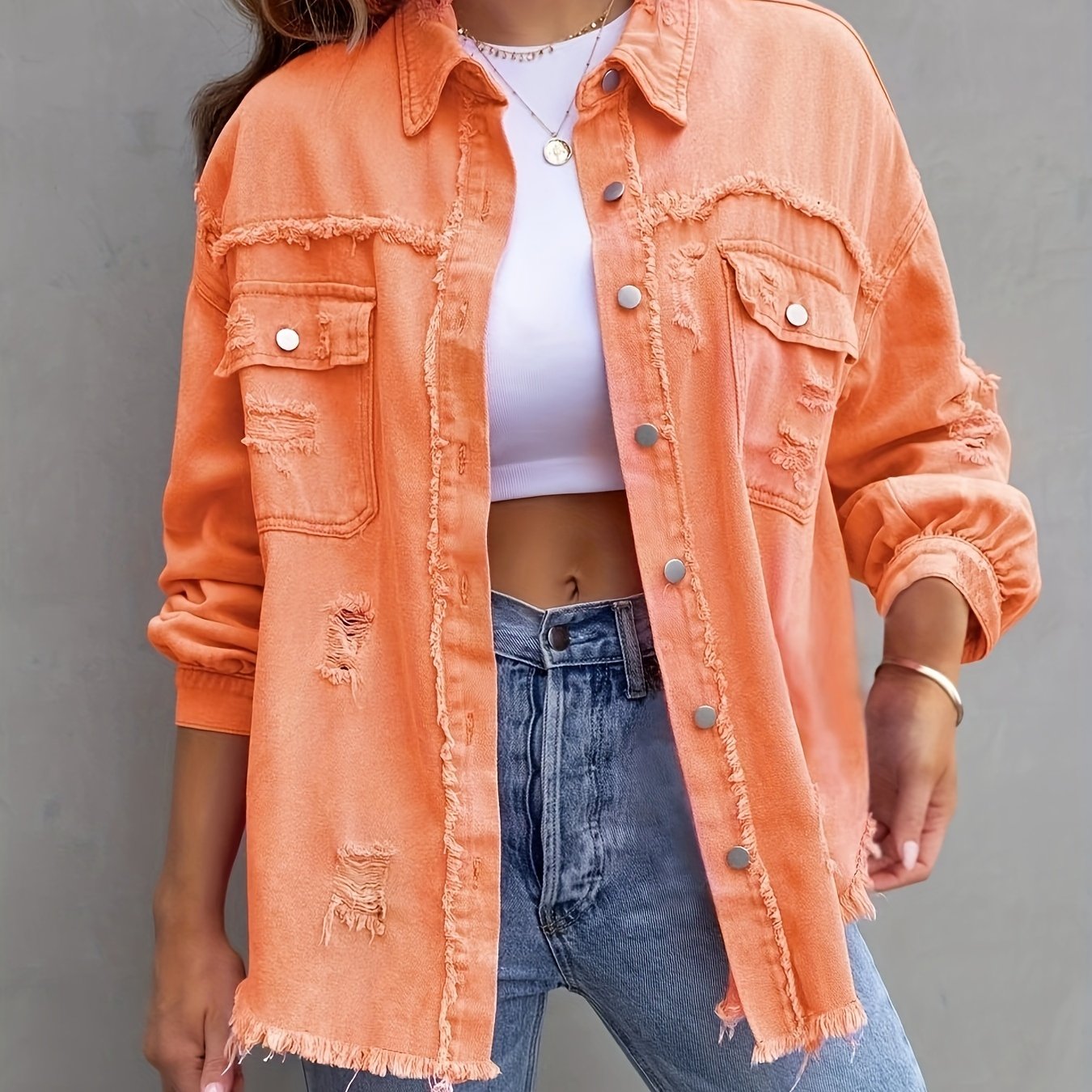 Plus Size Distressed  Denim Jacket