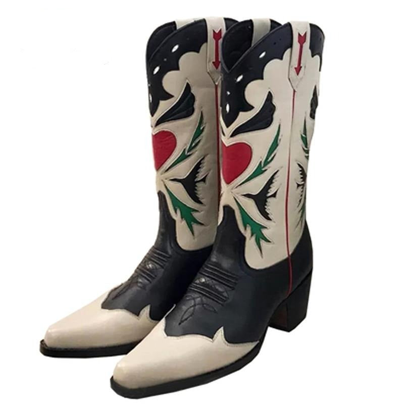 Pointed Thick Heel Heightening Embroidery Love Western Cowboy Boots