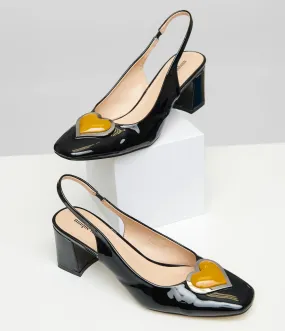 Preorder-Unique Vintage Black & Orange Heart Leatherette Slingback Heels