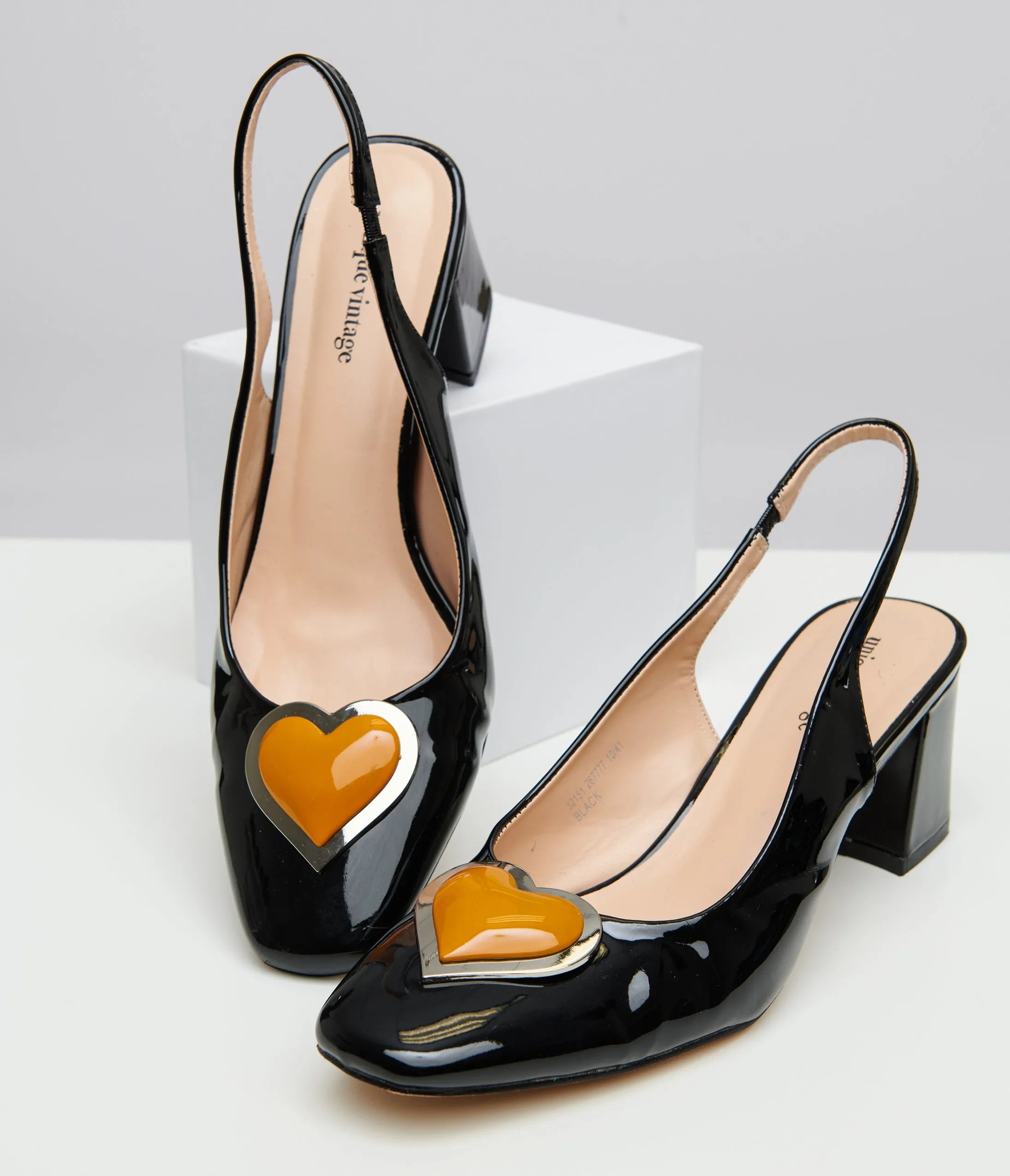 Preorder-Unique Vintage Black & Orange Heart Leatherette Slingback Heels