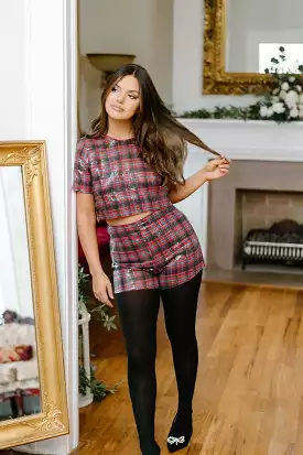 Red Plaid Sequin Shorts Set