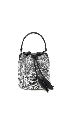 Satin Bucket Bag With Synthetic Crystals - Black