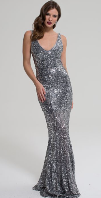 V Sequin Silver Gown