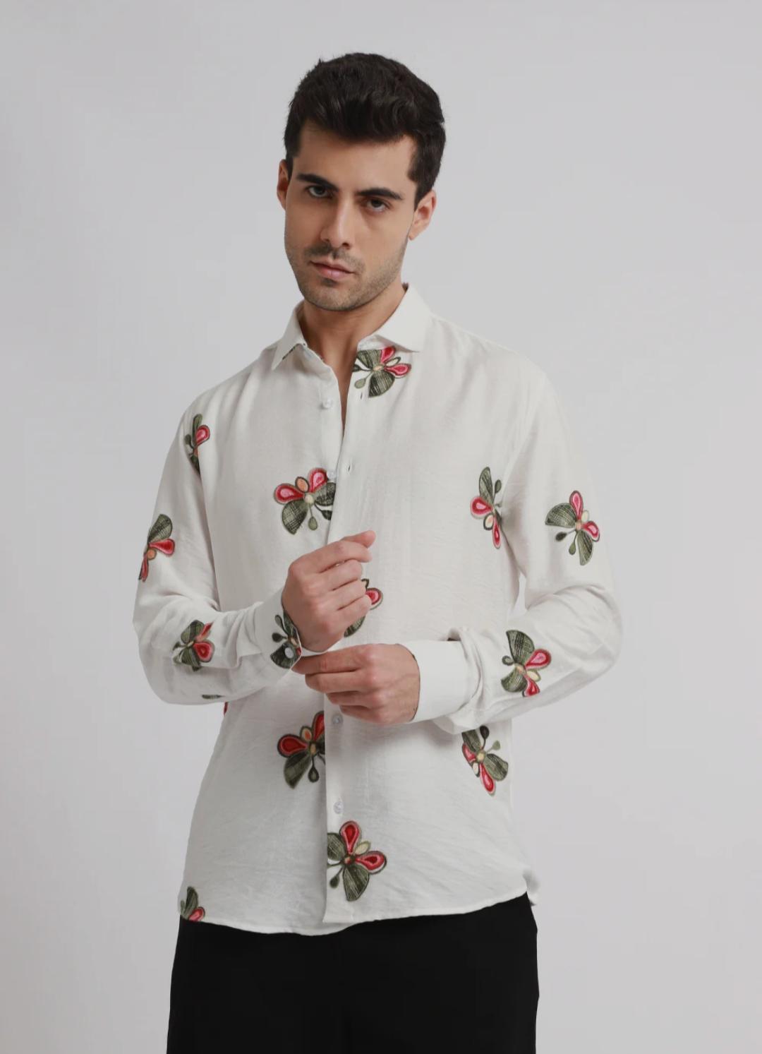 white butterfly embroidered ehirt