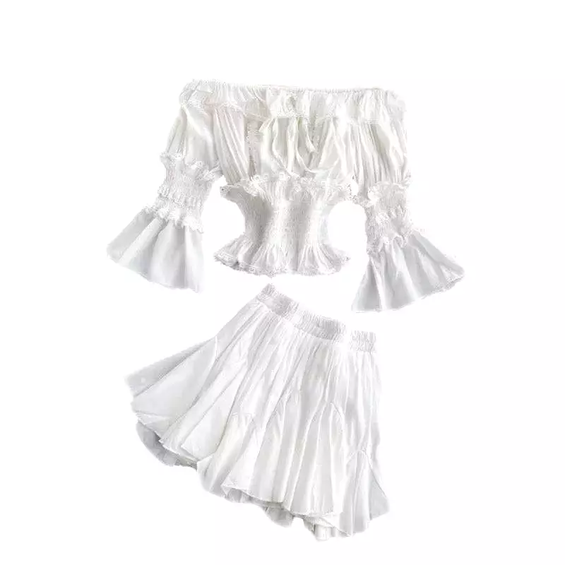 White Two Piece Frill Top and Shorts Set