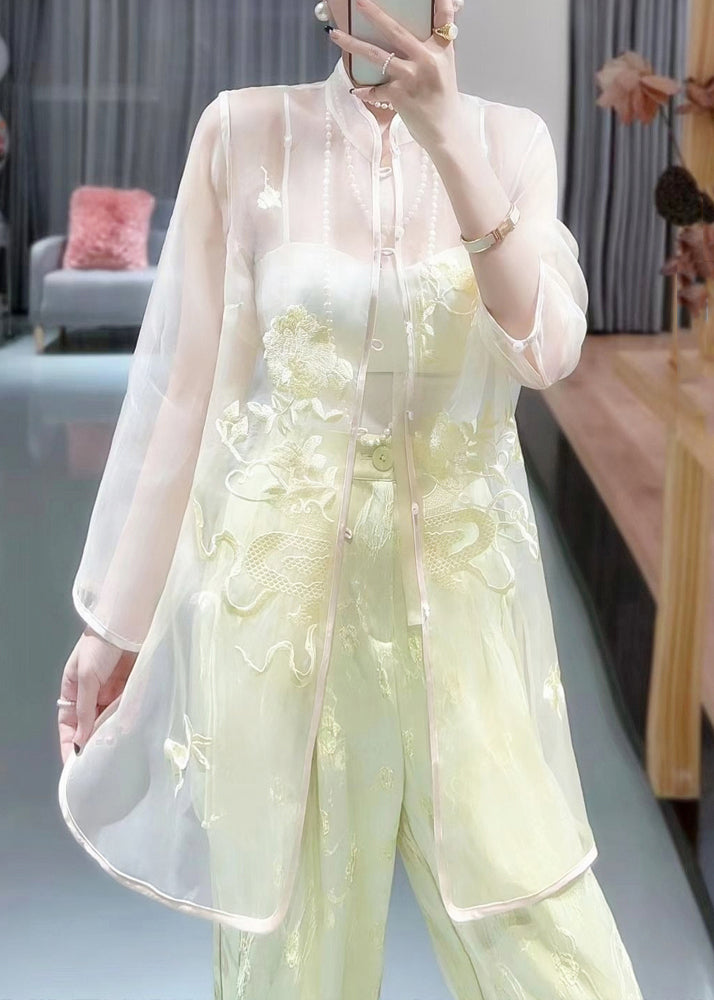 Women White Embroidered Button Tulle Shirts Long Sleeve QA1039