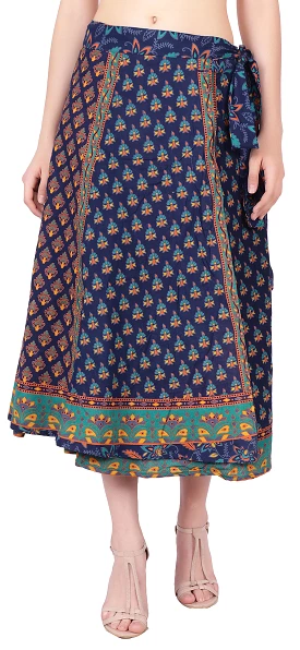 Women's Cotton Wrap Around Skirt Block Printed (Blue, One Size)