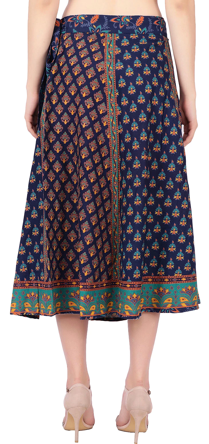 Women's Cotton Wrap Around Skirt Block Printed (Blue, One Size)