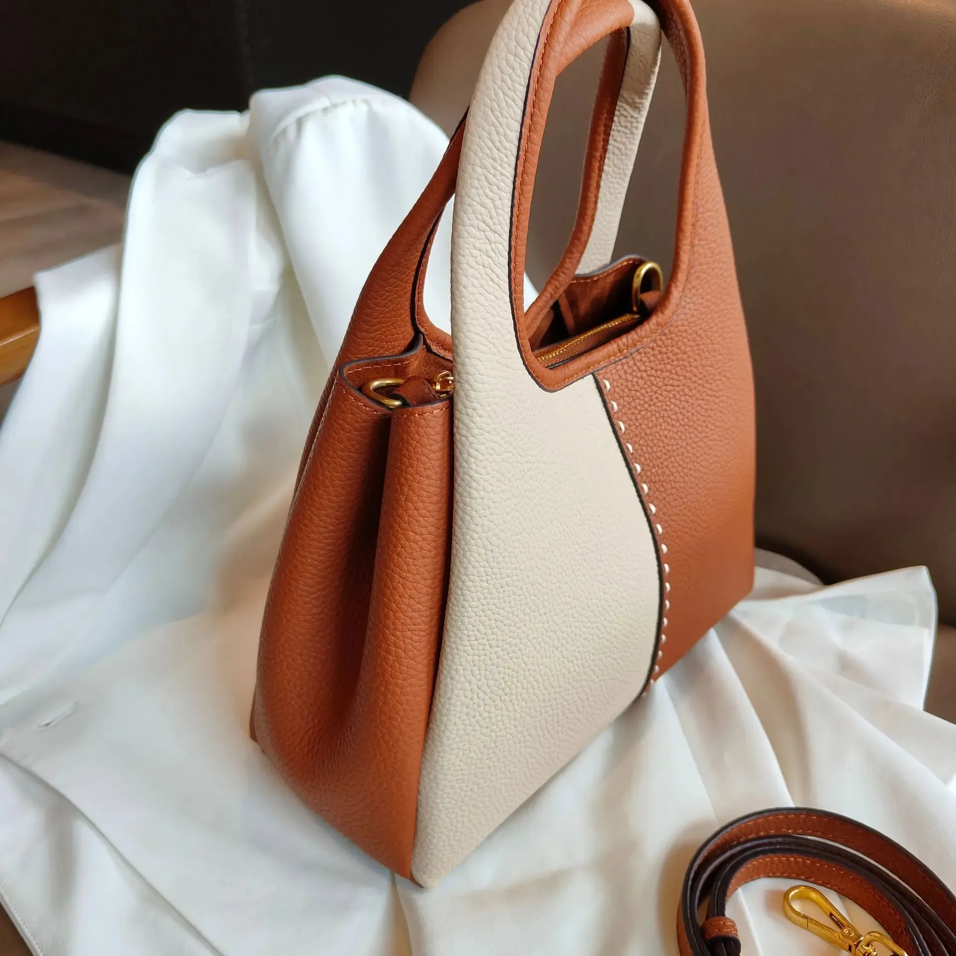 Women's Luxury Panelled Genuine Cow Leather Shoulder Handbag